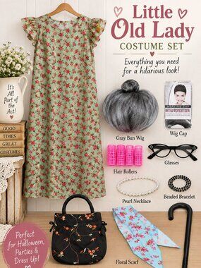 Halloween Girls Little Old Lady Grandma Costume Dress Wig Cane Accessories M